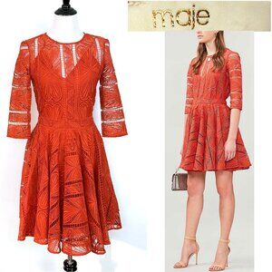 MAJE Ripiza Fit And Flare Stretch-lace Dress In Terracotta Size XS